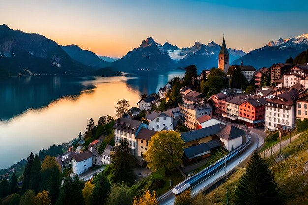 Foto una città si trova su un lago di montagna.