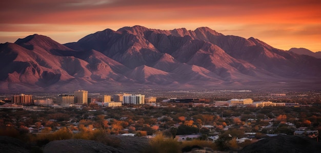 Photo a city is a mountain range with mountains in the background.