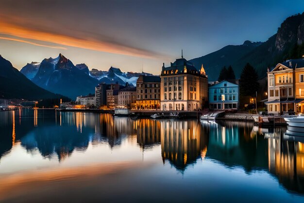 a city is reflected in a lake at night.