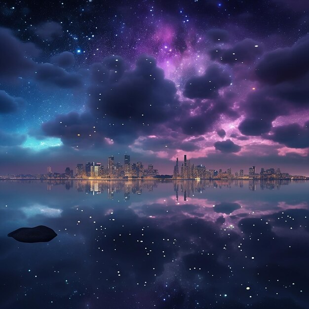 A city is reflected in the water and the sky is purple.