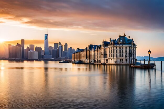 a city is reflected in the water at sunset.