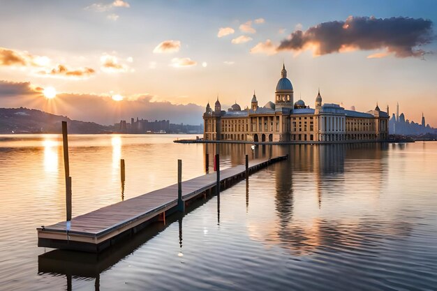 A city is reflected in the water at sunset