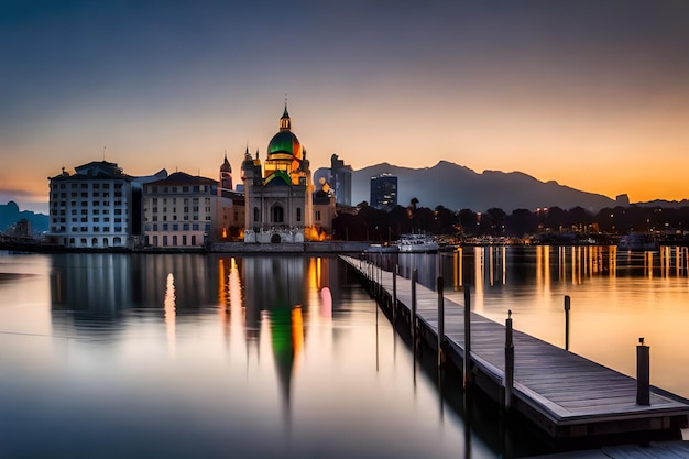 a city is reflected in the water at sunset.