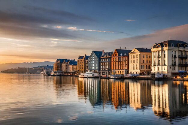 a city is reflected in the water at sunset.