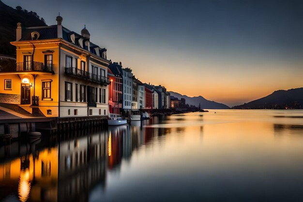 A city is reflected in the water at sunset