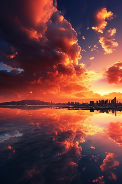 A city is reflected in the water.