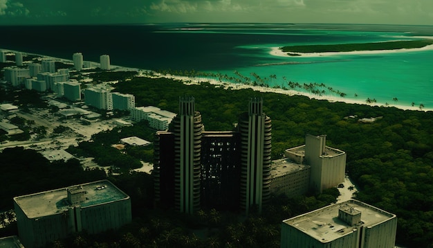 A city is seen from a helicopter with the word palm trees in the background.