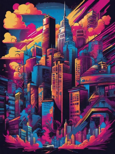 the city is shown in a colorful painting