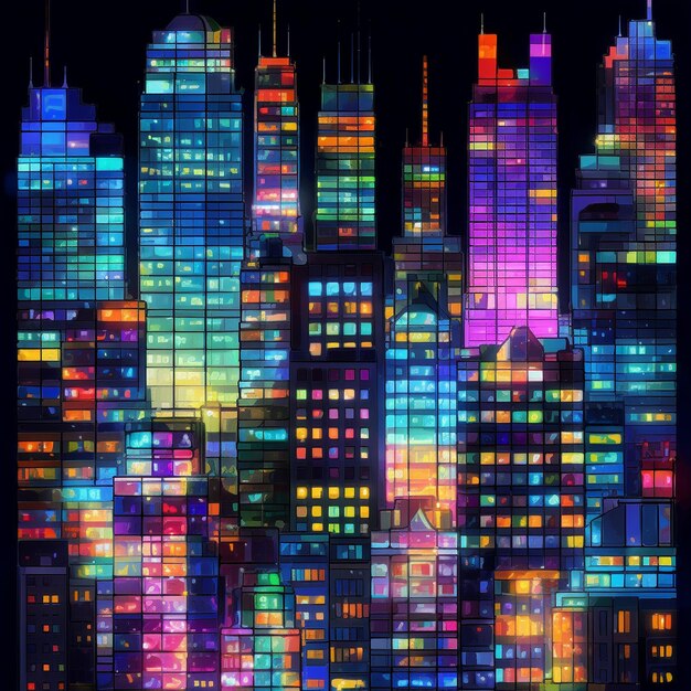 A city is shown with a colorful display of lights