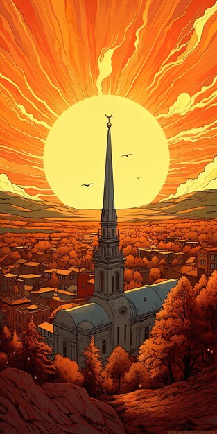 a city is shown with a large sun in the sky