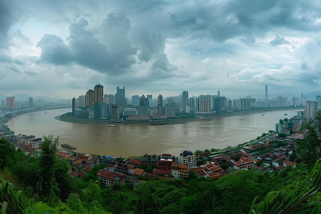 Photo a city is shown with a river running through it and a cloudy sky above it and a river running