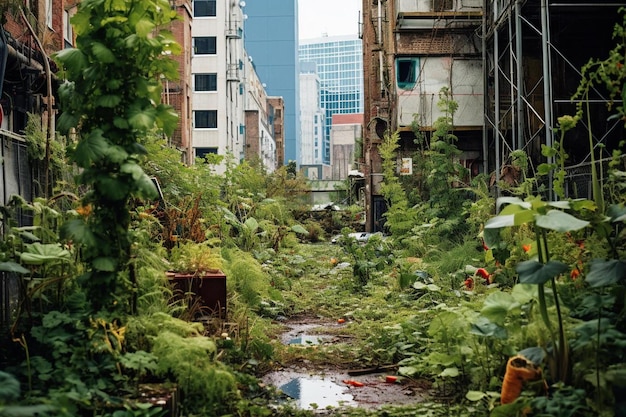 a city is surrounded by overgrown plants and buildings.