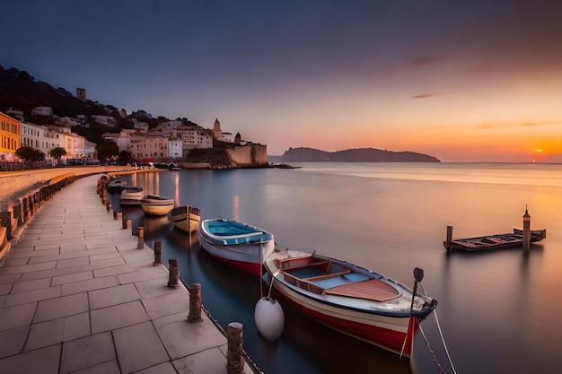 a city is a town and has a harbor with boats and the sunset on the horizon.