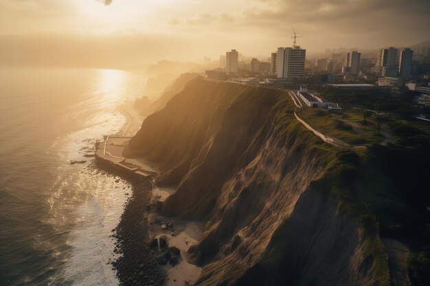 A city is visible on the horizon at sunset.