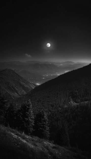 a city is visible behind the trees and the moon is visible