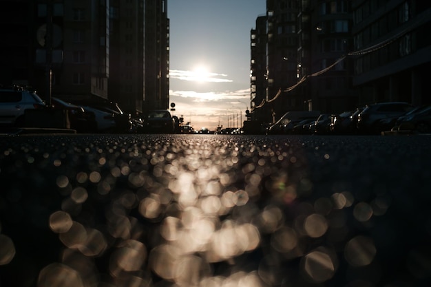 City landscape wet road and setting sun