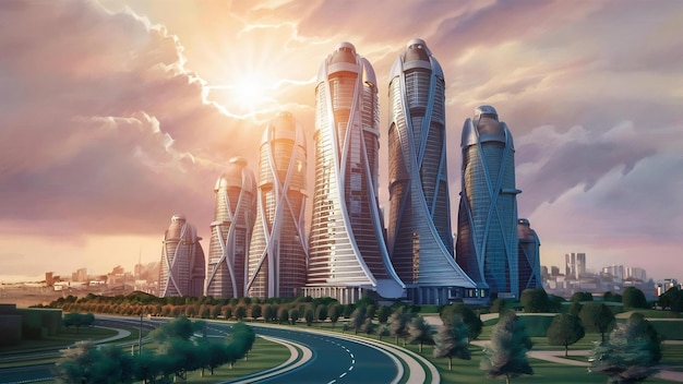Городской пейзаж с группой зданий на небе и солнечном свете