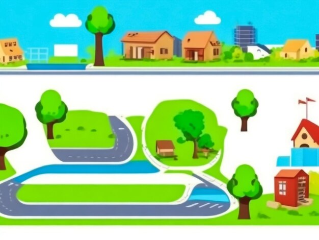 City landscape with houses trees and cars flat style vector illustration