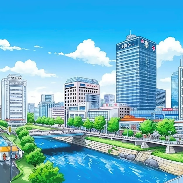 City landscape with modern skyscrapers river and bridge vector illustration