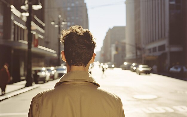 写真 トレンチコートを着た男が街を離れていく