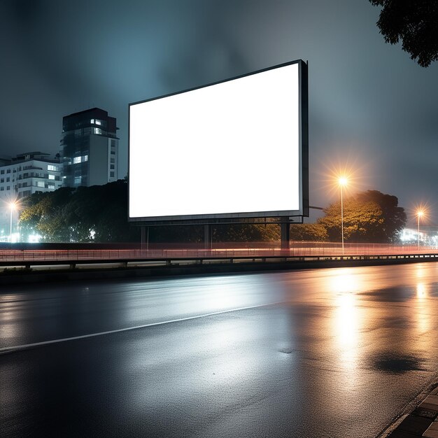 City Lights Canvas Blank Billboard on the Roadside at Night