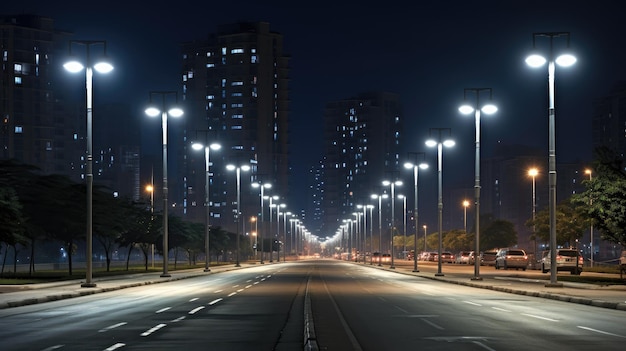 City of Lights A modern street LED lighting pole illuminates the urban nightscape blending ecoenergy technologies with the vibrant city