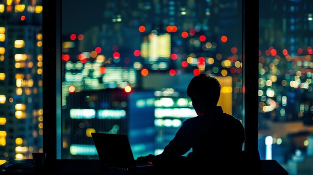 Foto le luci della città di notte dalla finestra dell'ufficio un uomo d'affari sta lavorando fino a tardi sul suo laptop