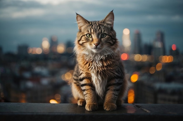 City Lights Serenade Een majestueuze kat op de dakrand