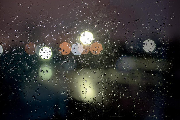 City lights through wet glass