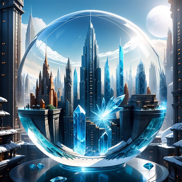 a city made of glass with a giant crystal dome in the style of the fifth element ultra hd 8k