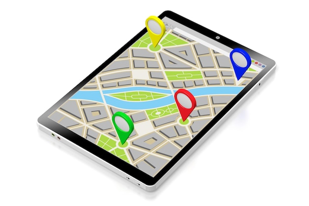 City map and colorful destination pins on a tablet 3D illustration