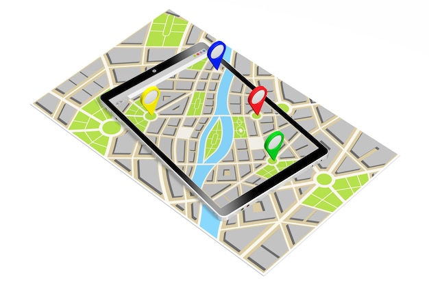 City map and colorful destination pins on a tablet 3D illustration