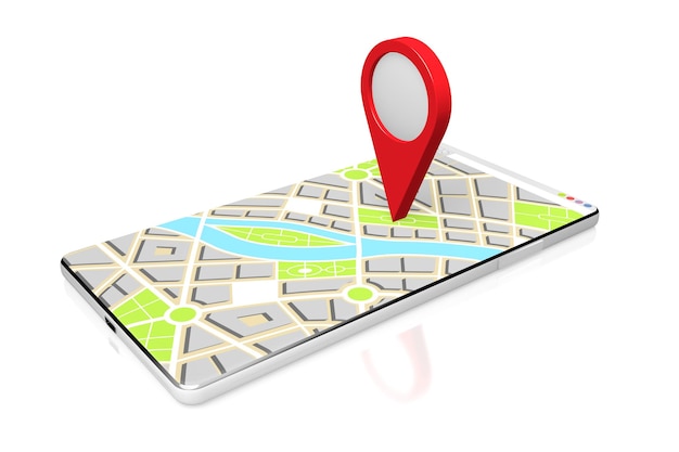 City map and destination pin on a smartphone 3D illustration