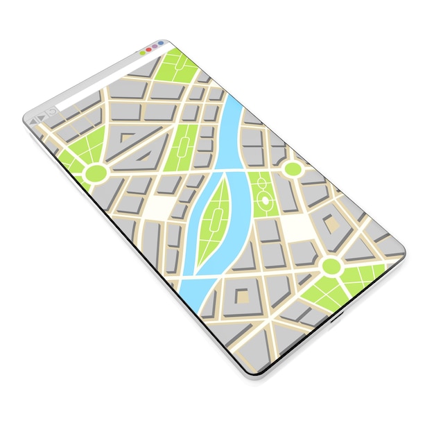 Foto mappa della città su uno smartphone isolato su sfondo bianco illustrazione 3d