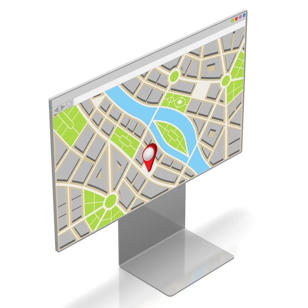 City map with location pin on computer monitor 3D illustration