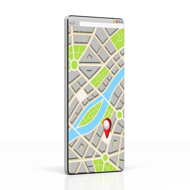 City map with location pin on a smartphone 3D illustration