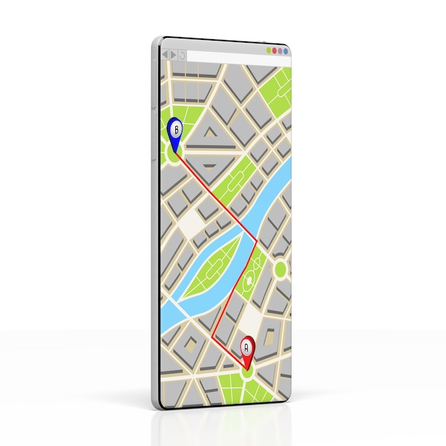 City map with market route by two pins on a smartphone 3D illustration