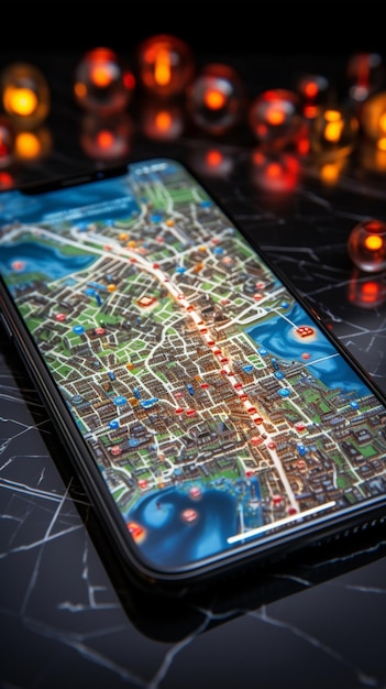 Foto mappa della città con icone mobili che aiutano gli abitanti delle città a trovare i servizi essenziali sfondo mobile verticale