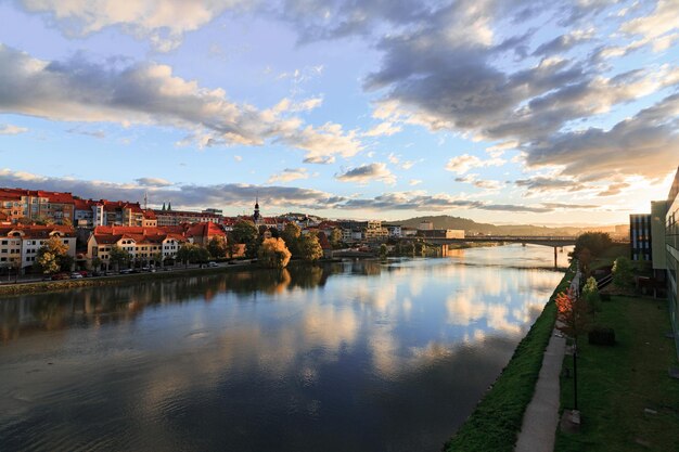 The city of Maribor in Slovenia with the river Drava It was sunrise in a cold october morning