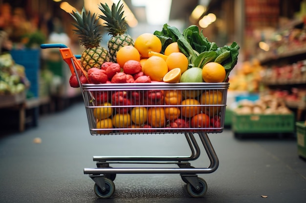 City market shopping cart with ripe healthy fruits Generative Ai