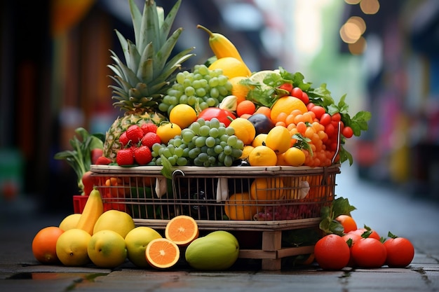 City market shopping cart with ripe healthy fruits Generative Ai