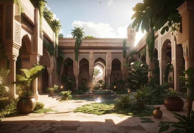 city of the medina in Alhambra style surrounded by tropical plants islamic ornaments