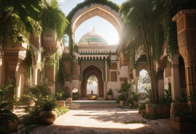 열대 식물 이슬람 장식품으로 둘러싸인 알함브라 스타일의 메디나 도시
