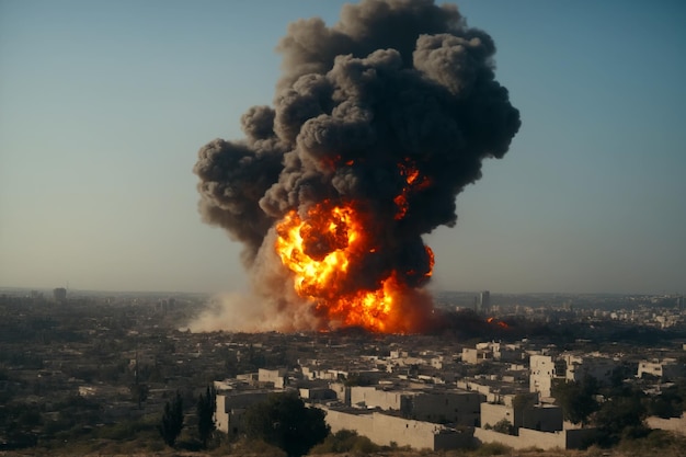 AI が生成したこの強烈なストック写真では、中東の都市が迫り来る爆弾の脅威により危機に直面しています。