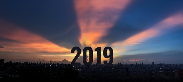 City at morning and New year 2019 concept. 