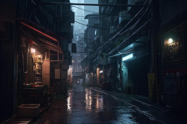 City narrow alley night Generate Ai