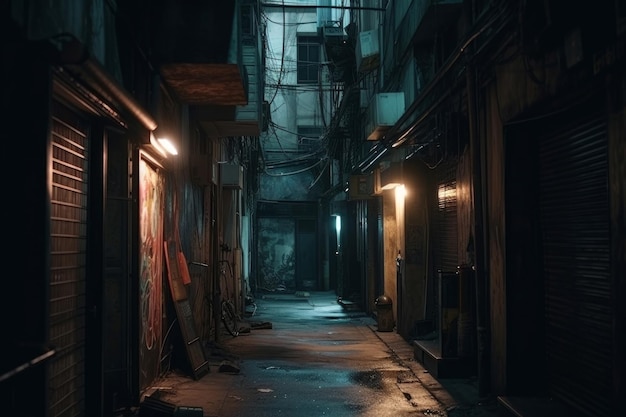 City narrow alley night light Generate Ai