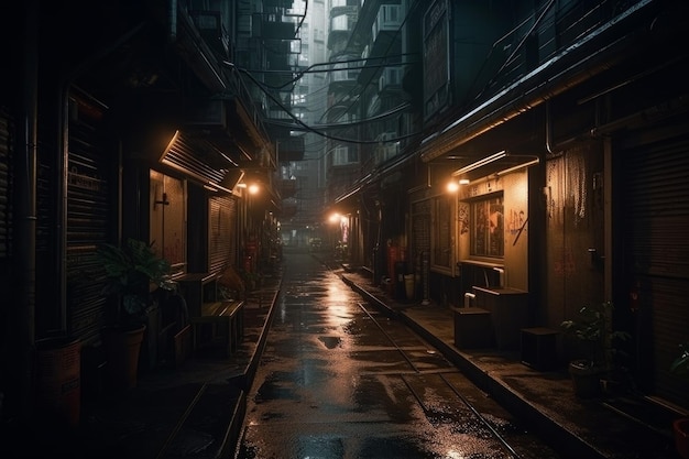 City narrow alley street night Generate Ai