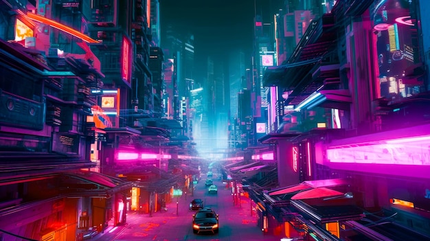 A city in neon lights with a purple background