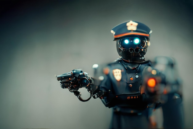Городская ночная сцена с роботом-полицейским, указывающим на пистолет, созданный искусственным интеллектом
